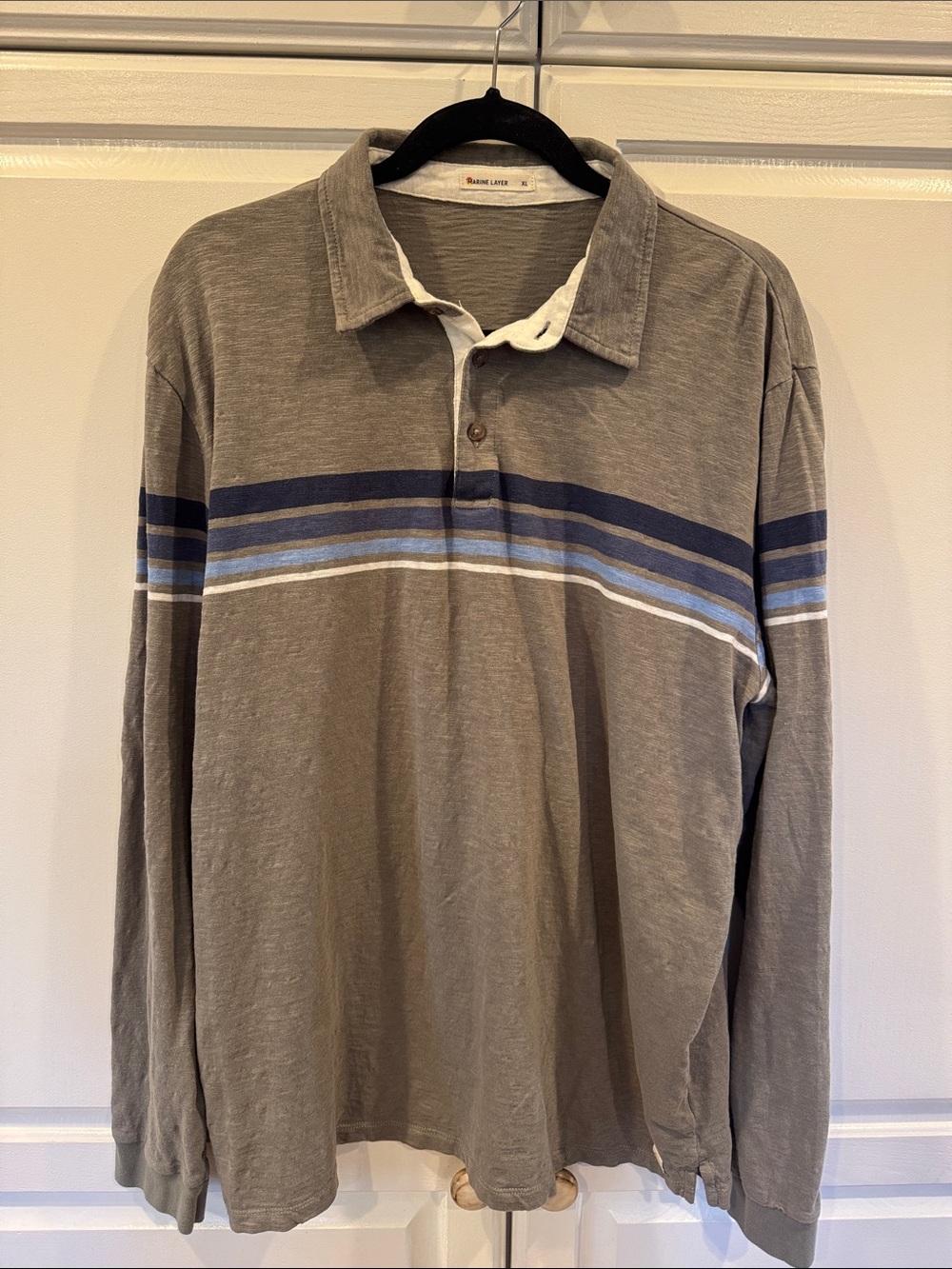 Marine Layer Men's Long-Sleeve Polo Shirt in Olive with Blue Stripe Detail